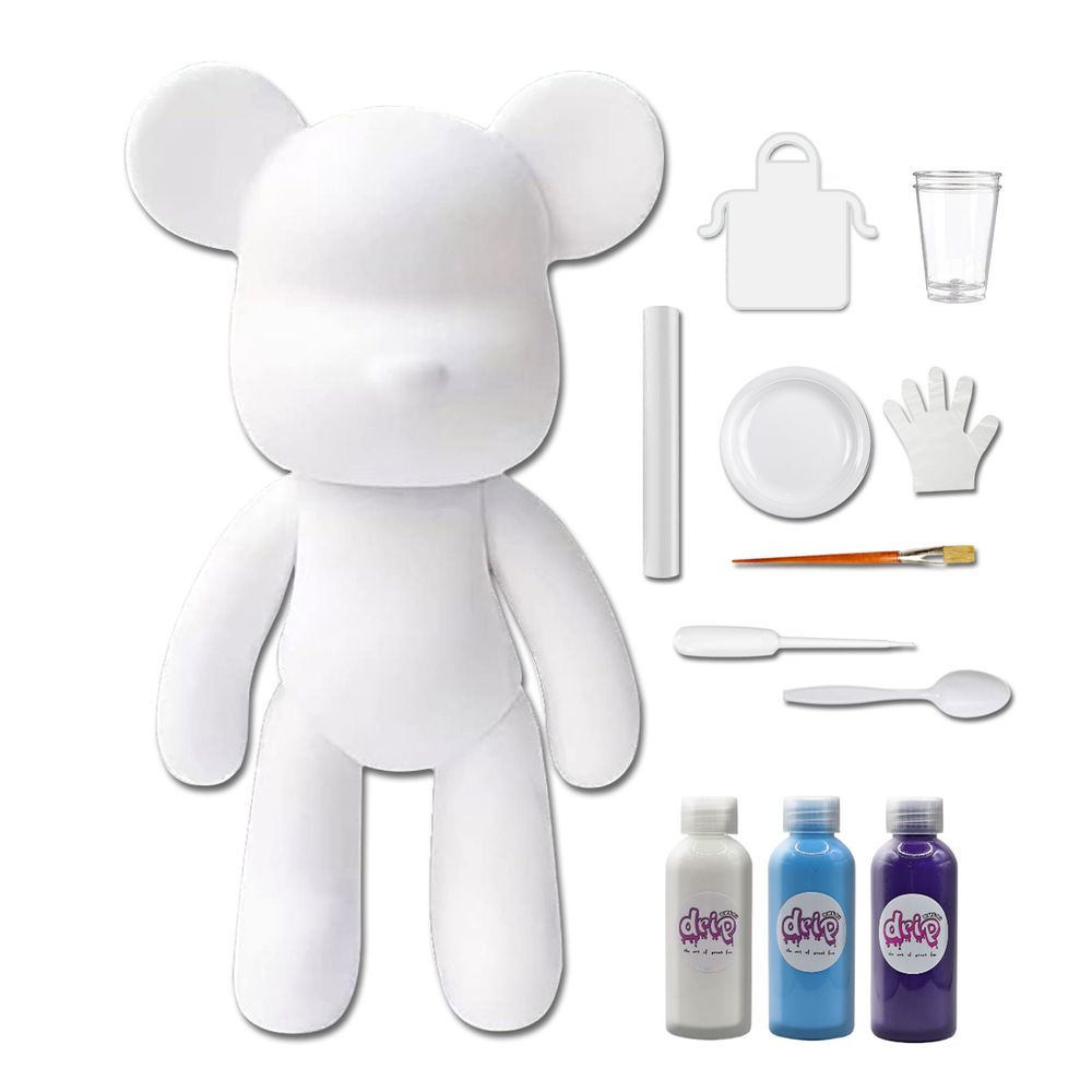 Dubai Drip Art - DIY Fluid Paint Bear Complete Kit - 23 cm - White, Light-Blue, Dark-Purple