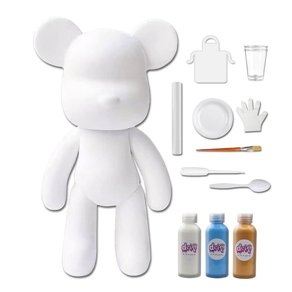 Dubai Drip Art - DIY Fluid Paint Bear Complete Kit - 23 cm - White, Light-Blue, Gold