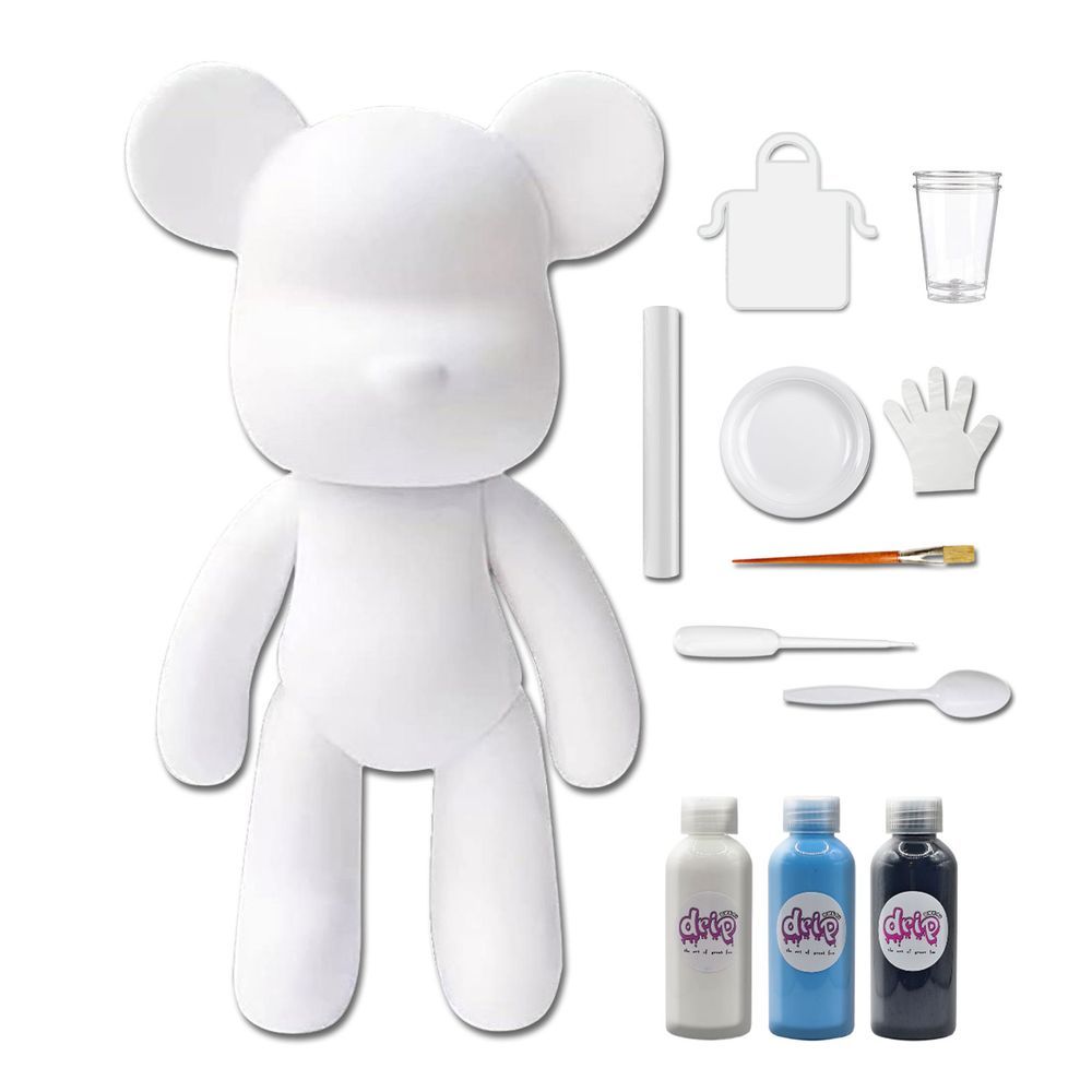 Dubai Drip Art - DIY Fluid Paint Bear Complete Kit - 23 cm - White, Light-Blue, Black