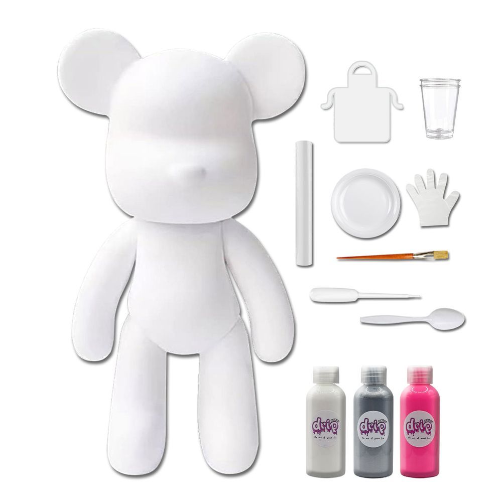 Dubai Drip Art - DIY Fluid Paint Bear Complete Kit - 23 cm - White, Silver, Fluorescent-Pink