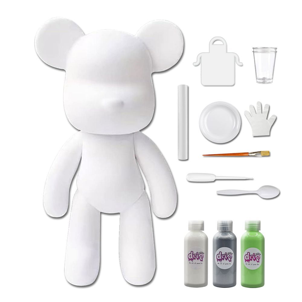 Dubai Drip Art - DIY Fluid Paint Bear Complete Kit - 23 cm - White, Silver, Mint-Green