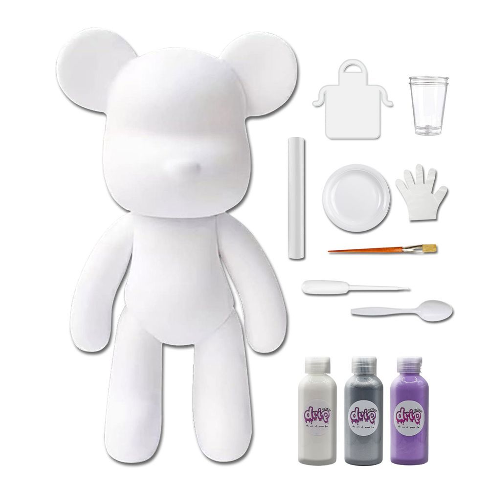 Dubai Drip Art - DIY Fluid Paint Bear Complete Kit - 23 cm - White, Silver, Light-Purple