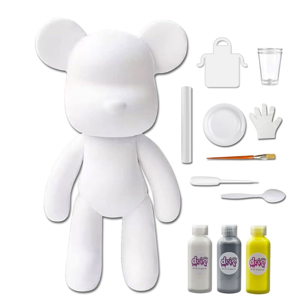 Dubai Drip Art - DIY Fluid Paint Bear Complete Kit - 23 cm - White, Silver, Lemon-Yellow