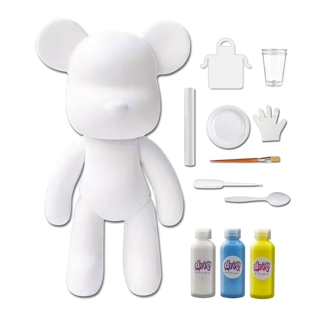 Dubai Drip Art - DIY Fluid Paint Bear Complete Kit - 23 cm - White, Light-Blue, Lemon-Yellow