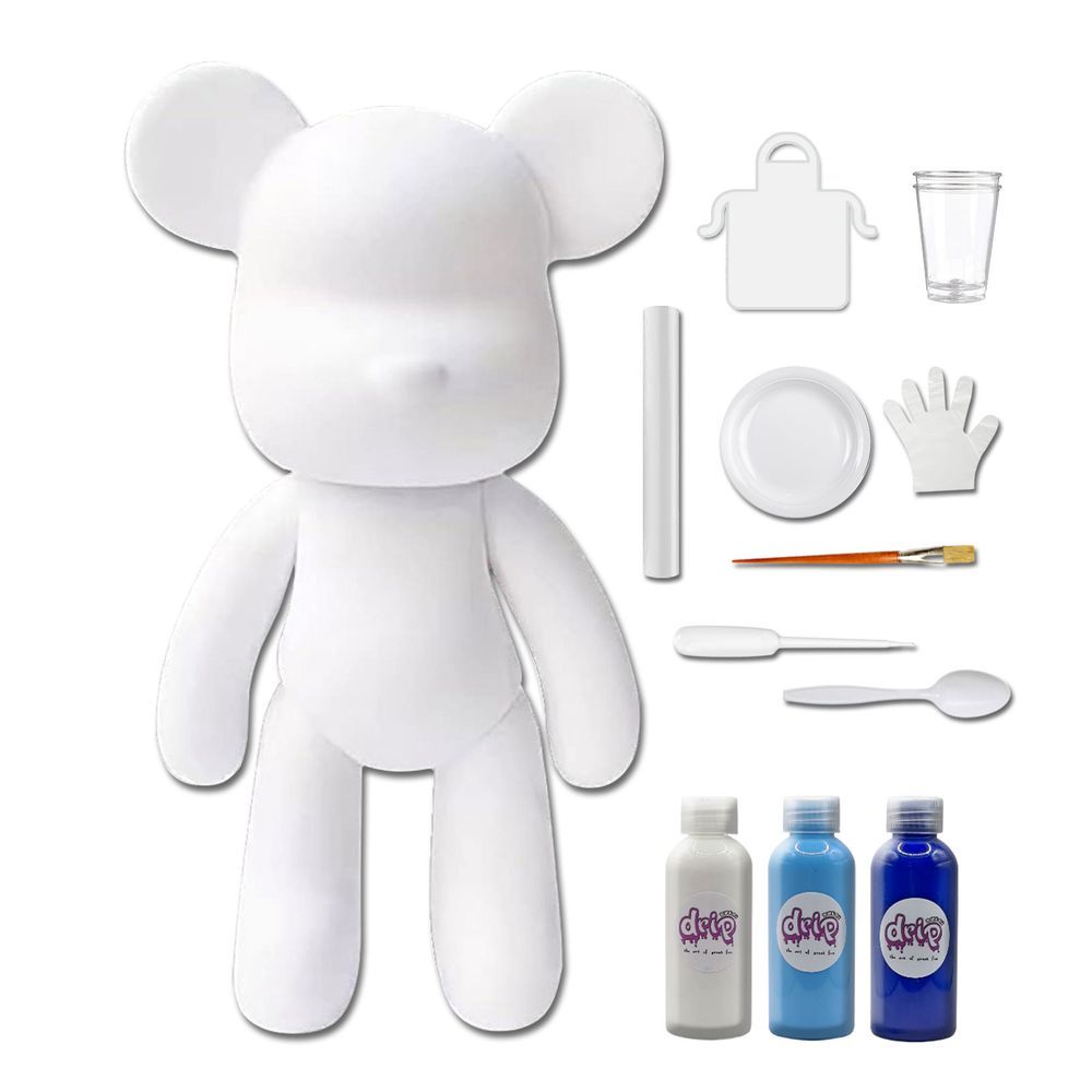 Dubai Drip Art - DIY Fluid Paint Bear Complete Kit - 23 cm - White, Light-Blue, Dark-Blue