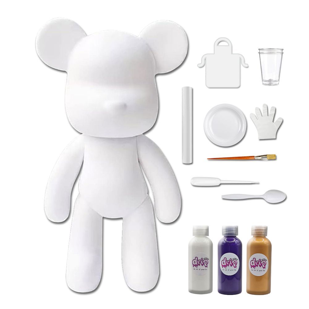 Dubai Drip Art - DIY Fluid Paint Bear Complete Kit - 23 cm - White, Dark-Purple, Gold