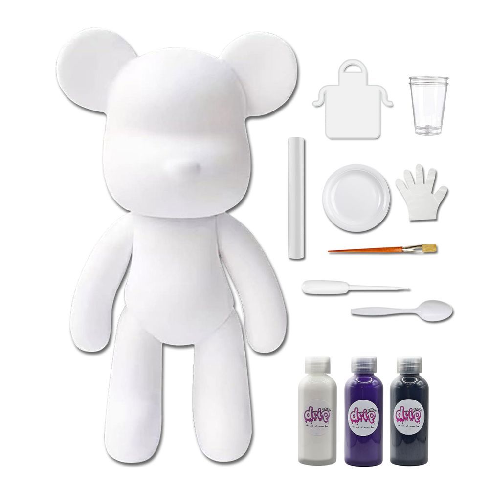 Dubai Drip Art - DIY Fluid Paint Bear Complete Kit - 23 cm - White, Dark-Purple, Black