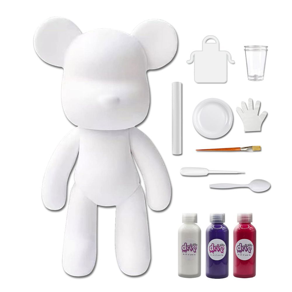 Dubai Drip Art - DIY Fluid Paint Bear Complete Kit - 23 cm - White, Dark-Purple, Rose-Red