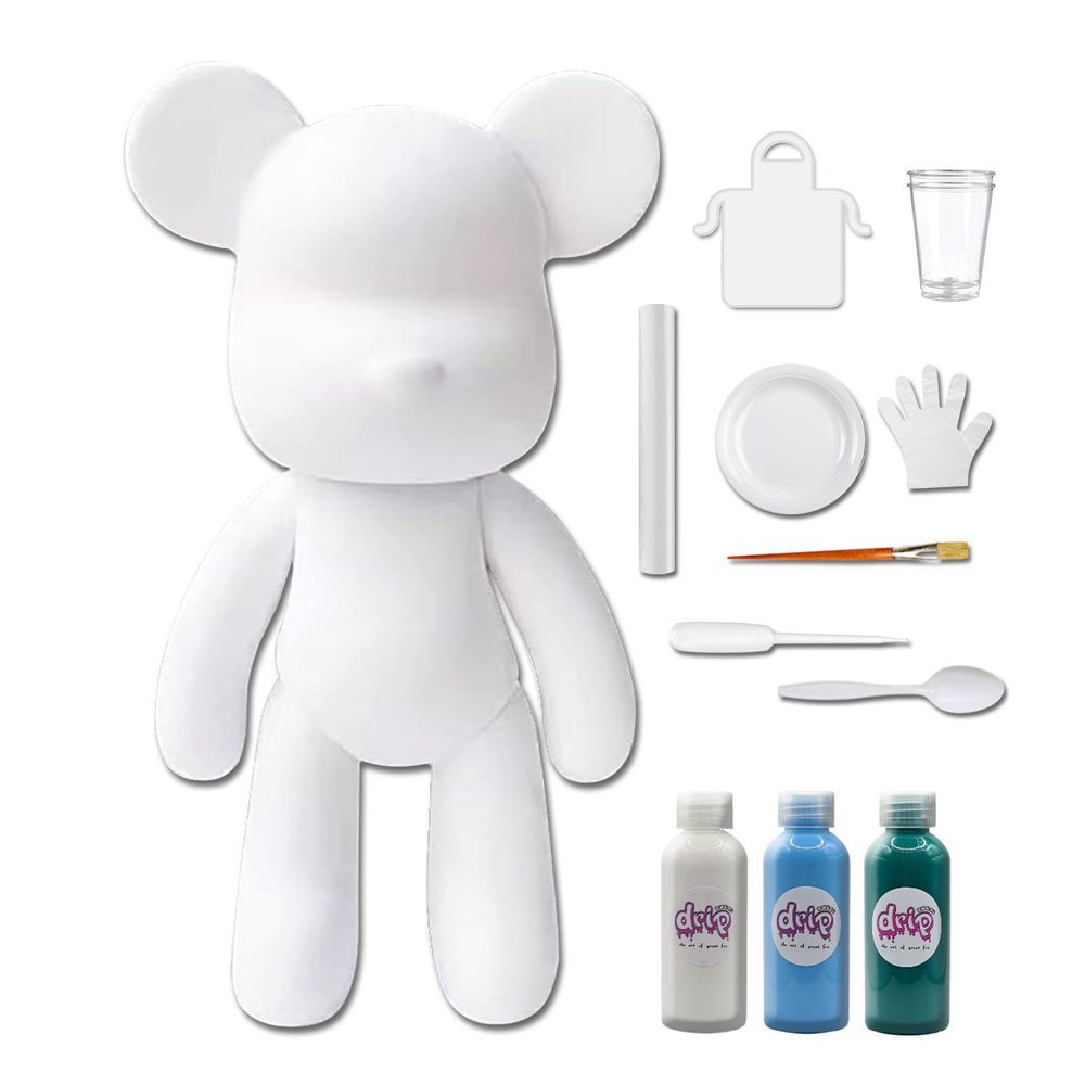 Dubai Drip Art - DIY Fluid Paint Bear Complete Kit - 23 cm - White, Light-Blue, Blue-Green