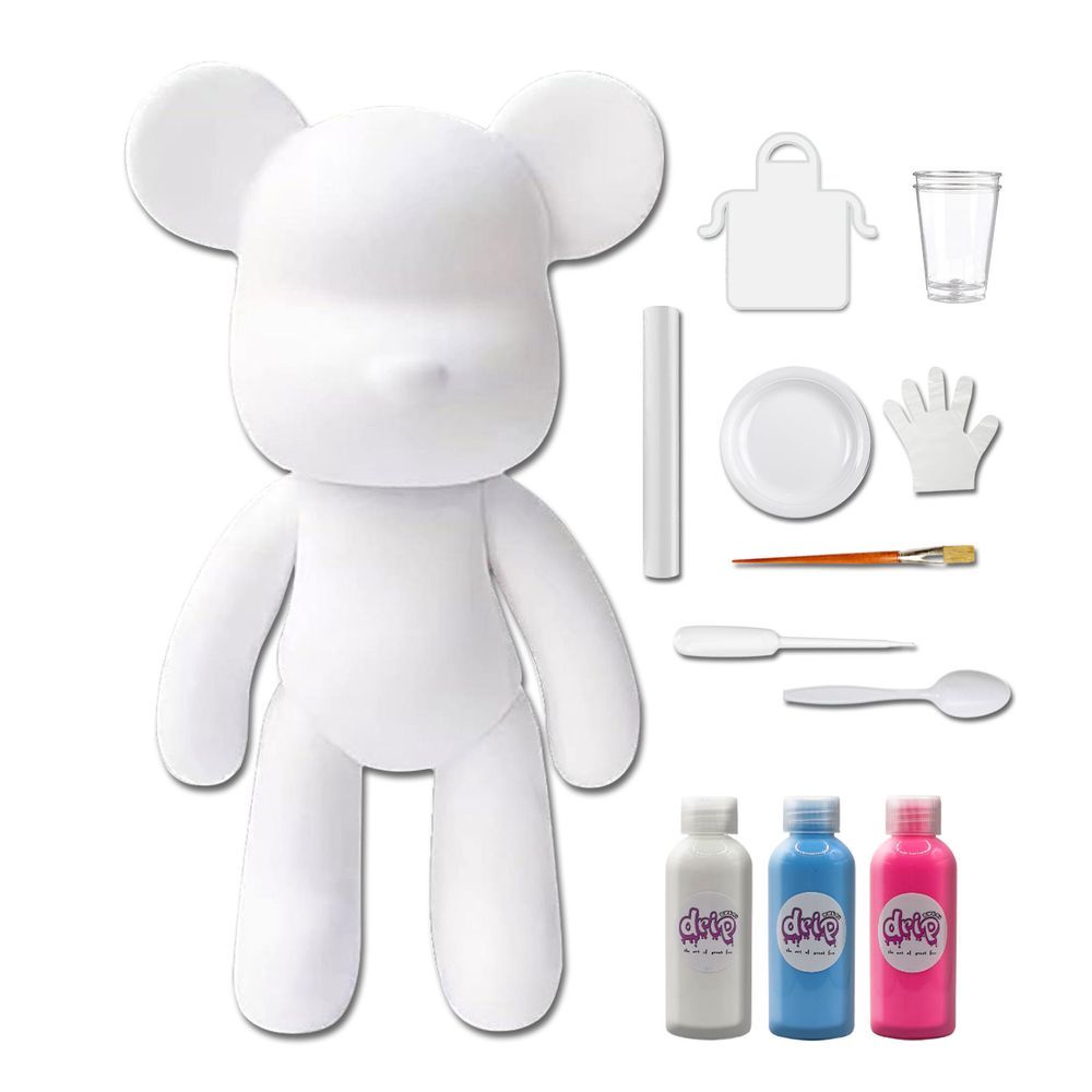 Dubai Drip Art - DIY Fluid Paint Bear Complete Kit - 23 cm - White, Light-Blue, Fluorescent-Pink