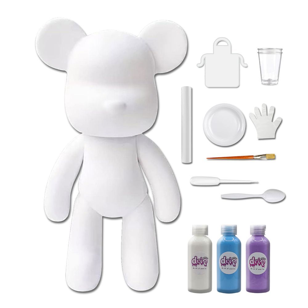 Dubai Drip Art - DIY Fluid Paint Bear Complete Kit - 23 cm - White, Light-Blue, Light-Purple