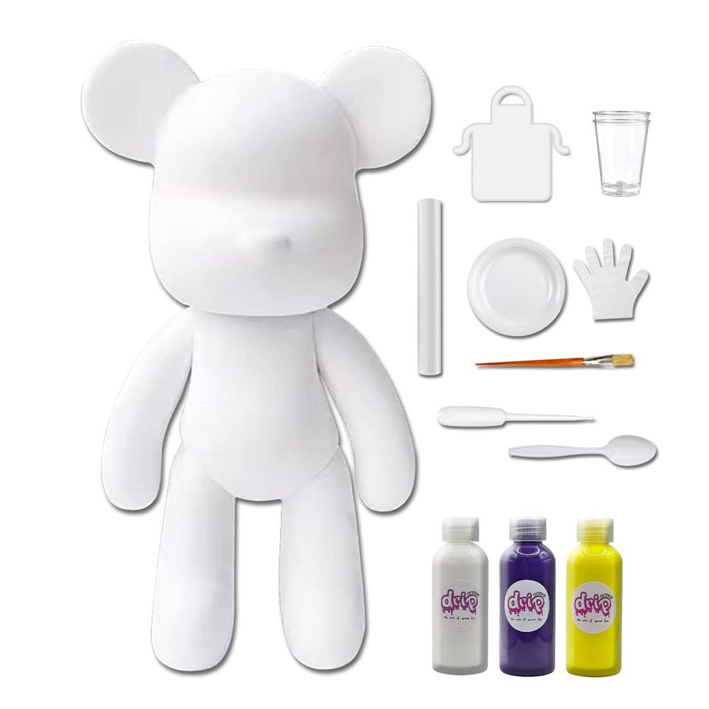 Dubai Drip Art - DIY Fluid Paint Bear Complete Kit - 23 cm - White, Dark-Purple, Lemon-Yellow