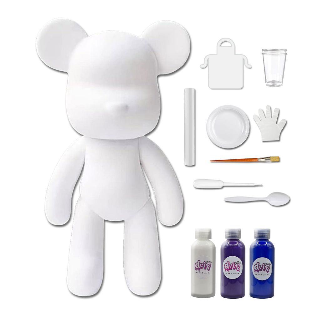 Dubai Drip Art - DIY Fluid Paint Bear Complete Kit - 23 cm - White, Dark-Purple, Dark-Blue