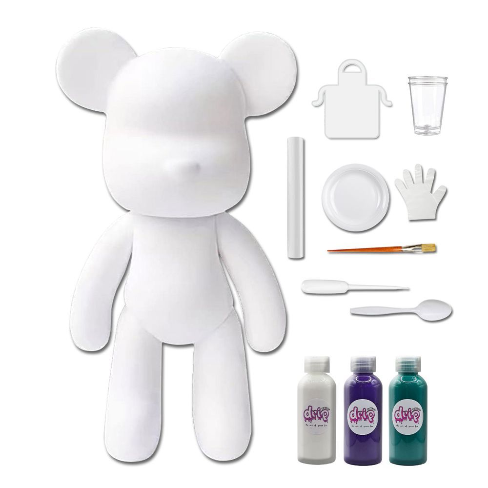 Dubai Drip Art - DIY Fluid Paint Bear Complete Kit - 23 cm - White, Dark-Purple, Blue-Green