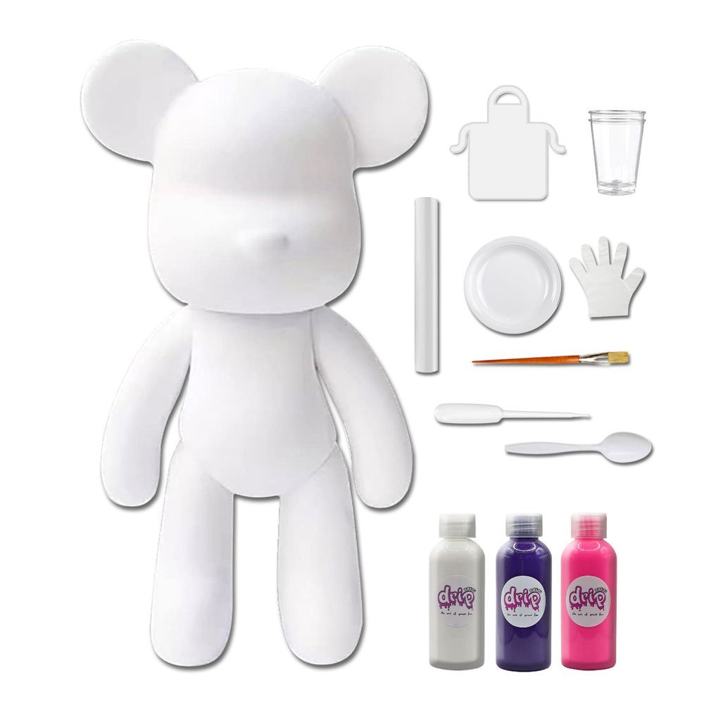 Dubai Drip Art - DIY Fluid Paint Bear Complete Kit - 23 cm - White, Dark-Purple, Fluorescent-Pink