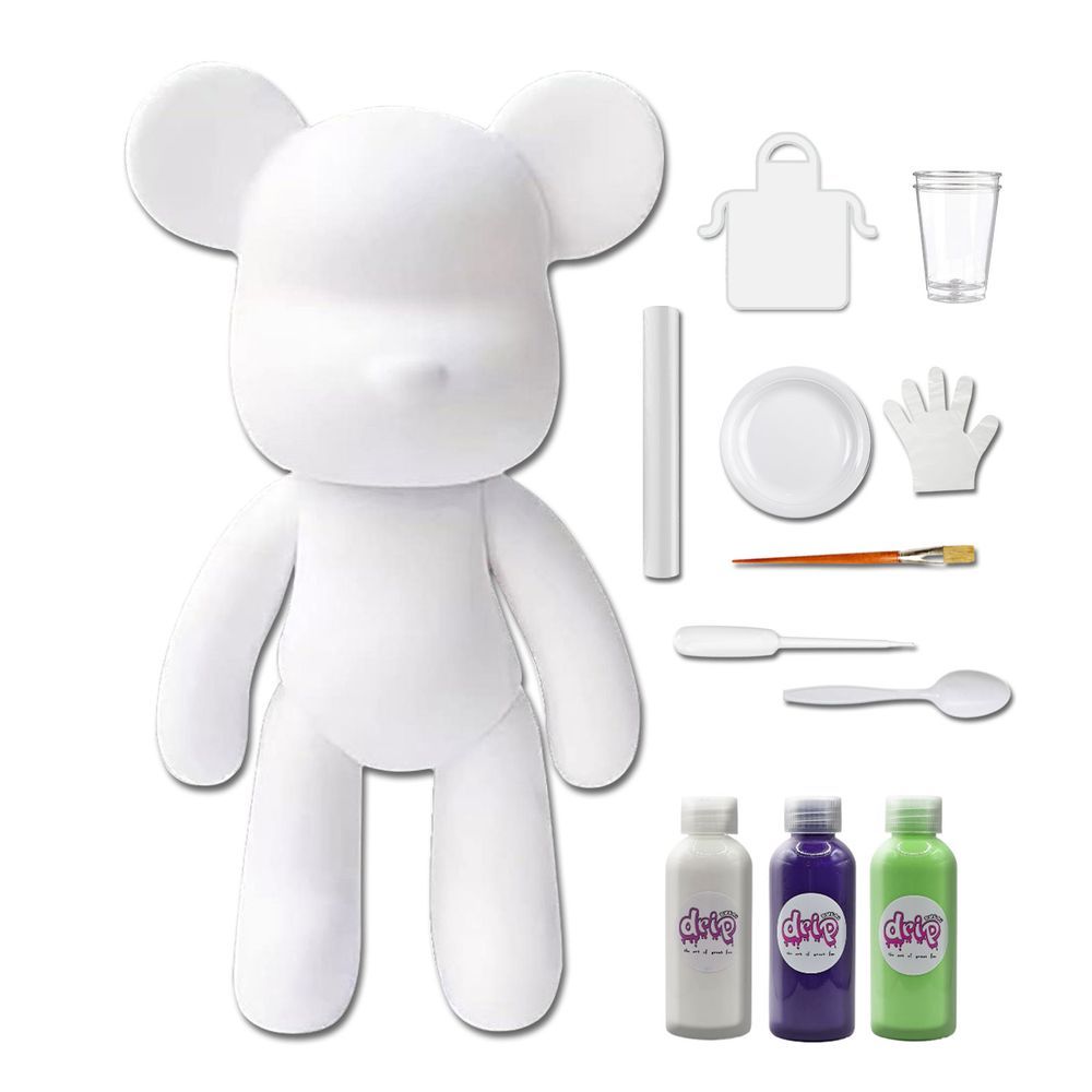 Dubai Drip Art - DIY Fluid Paint Bear Complete Kit - 23 cm - White, Dark-Purple, Mint-Green