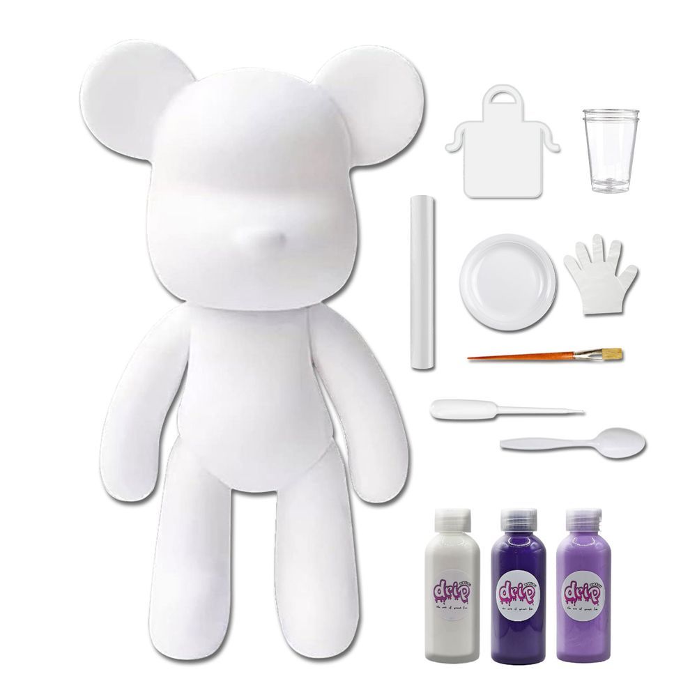 Dubai Drip Art - DIY Fluid Paint Bear Complete Kit - 23 cm - White, Dark-Purple, Light-Purple