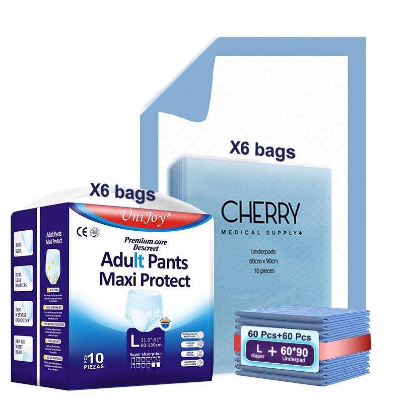 UniJoy - Adult Diapers Pull Up Pant Style L-XL Size 60pcs + Disposable Underpads Absorbency Leak Protection Unisex 60pcs