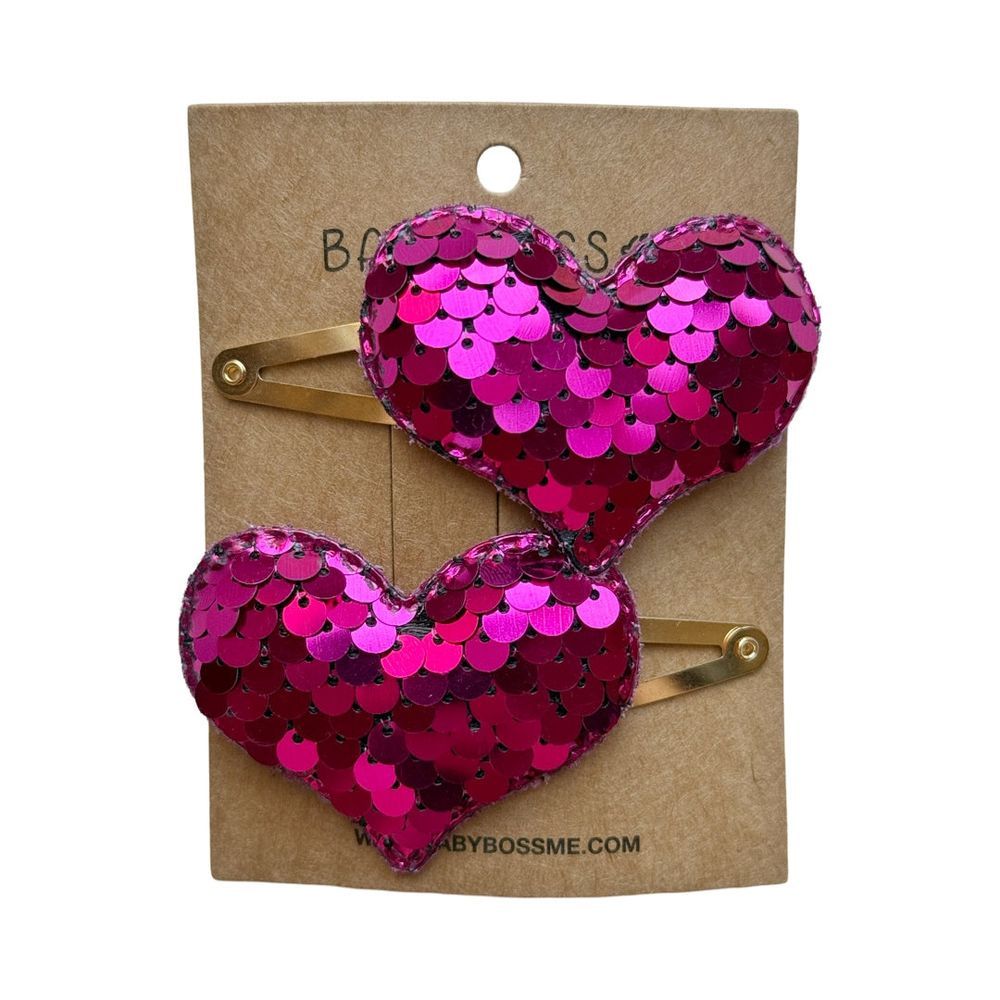 Baby Boss - Girl's Heart Sequin Hair Clip Set - Fuchsia - 2 Pcs