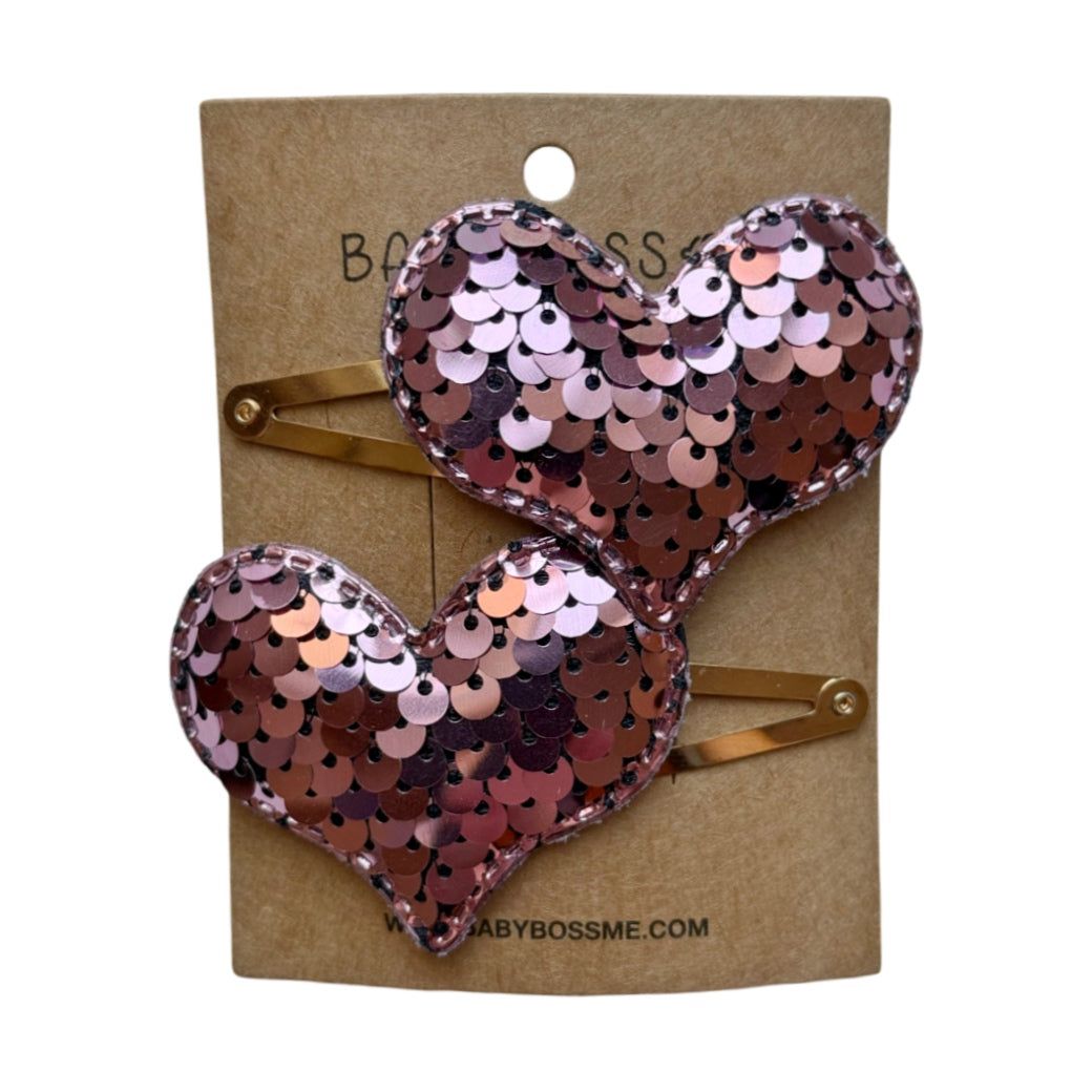 Baby Boss - Girl's Heart Sequin Hair Clip Set - Dusty Pink - 2 Pcs