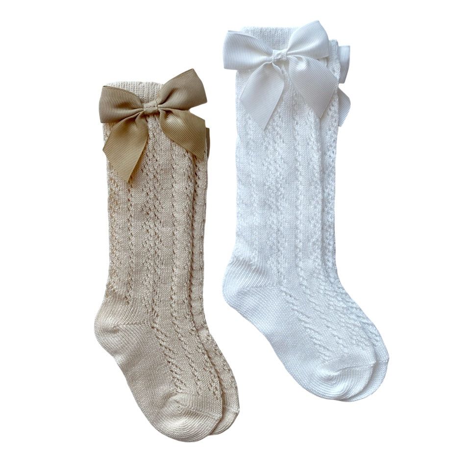 Baby Boss - 2pc-Set - Knee High Cotton Bow Socks - Beige/White