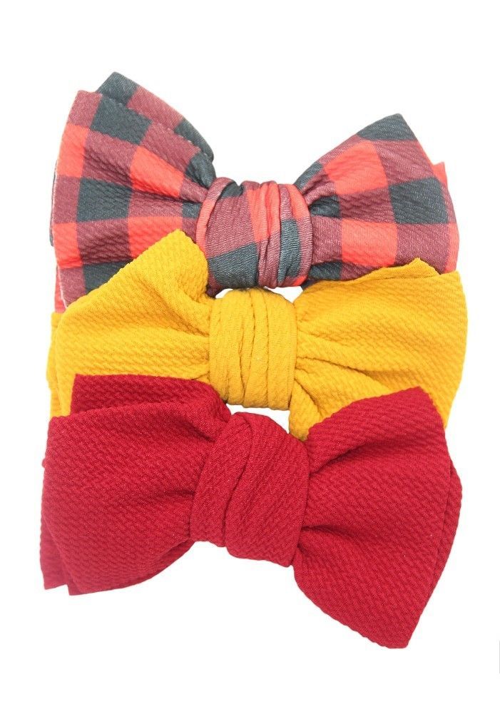 Bambimici - Mira Big Ribbon Bow Headband For Babies - Mustard Yellow/Red - 3 Pcs