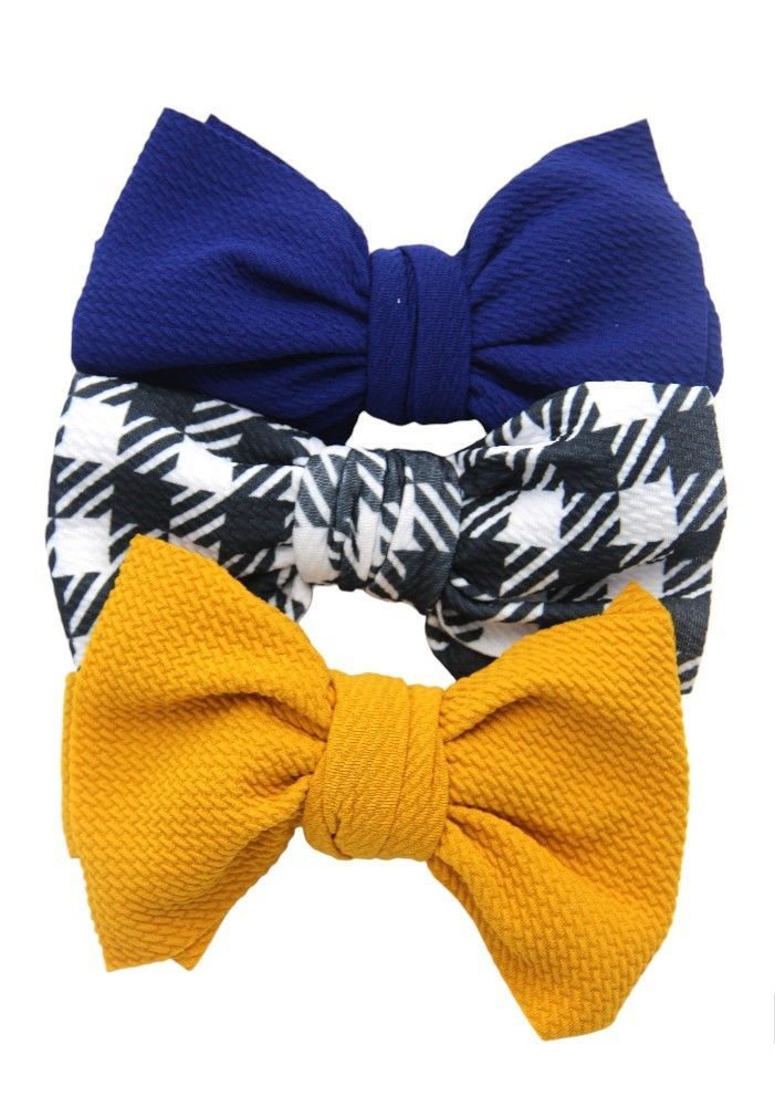 Bambimici - Mira Big Ribbon Bow Headband for Babies - Royal Blue/Yellow/Checkered Print - 3 Pcs