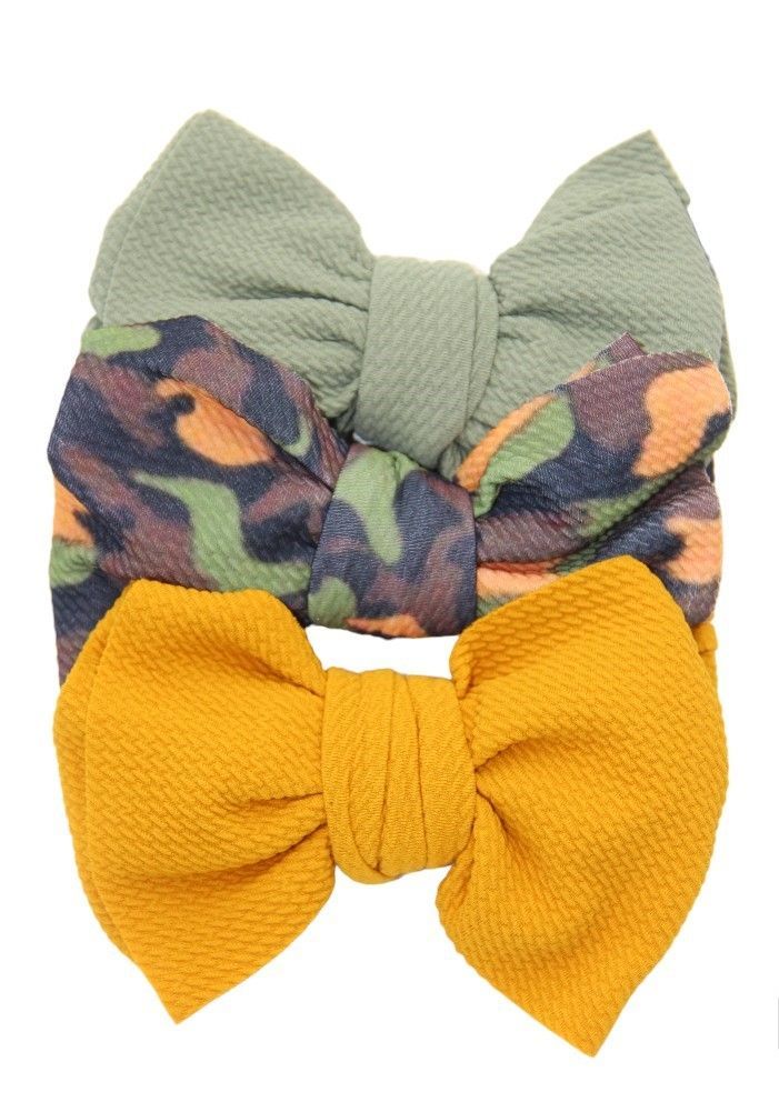 Bambimici - Mira Big Ribbon Bow Headband For Babies - Green/Yellow/Army Print - 3 Pcs