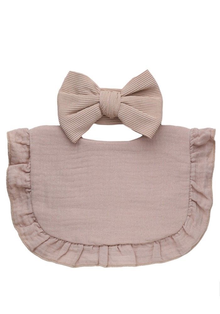 Bambimici - Ava Small Ribbon Headband And Baby Bib Set - Light Brown