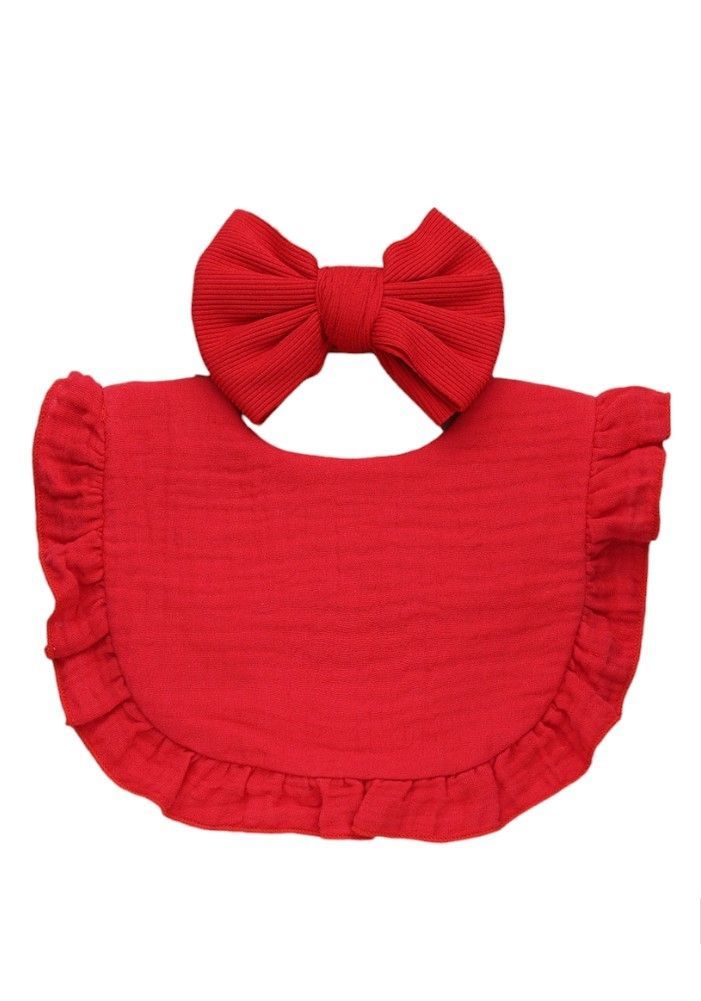 Bambimici - Ava Ribbon Headband & Baby Bib Set - Red - Small - 2 Pcs