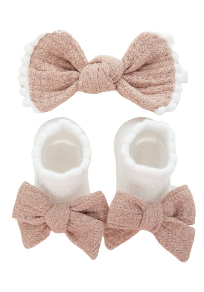 Bambimici - Anika Socks & Ribbon Bow Headband Set - Light Brown - 2 Pcs