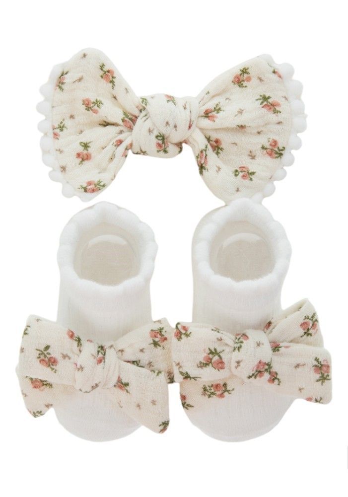 Bambimici - Anika Socks & Ribbon Bow Headband Set -  Floral Cream