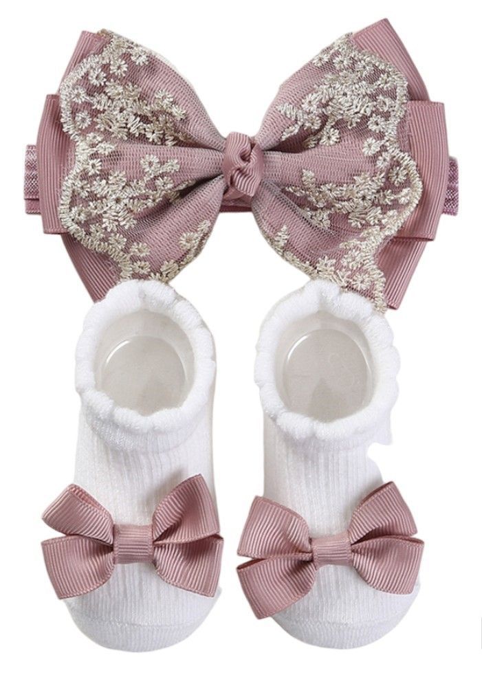 Bambimici - Aaliyah Socks & Cute Ribbon Big Bow Headband Set - Old Rose