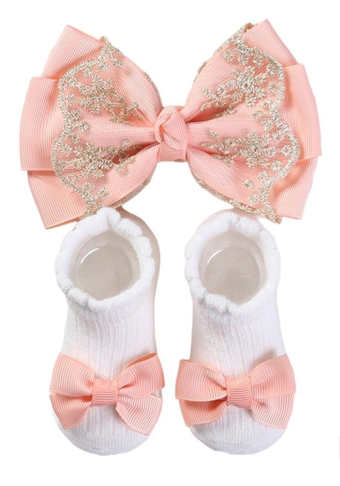 Bambimici - Aaliyah Socks & Cute Ribbon Big Bow Headband Set - Peach