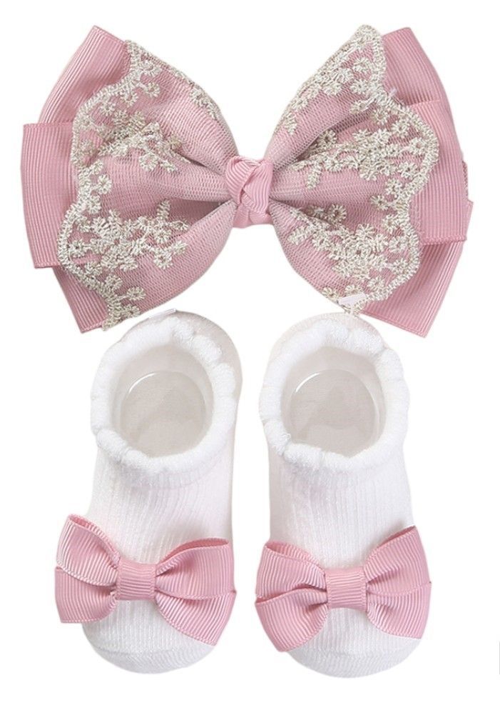 Bambimici - Aaliyah Socks & Cute Ribbon Big Bow Headband Set - Baby Pink