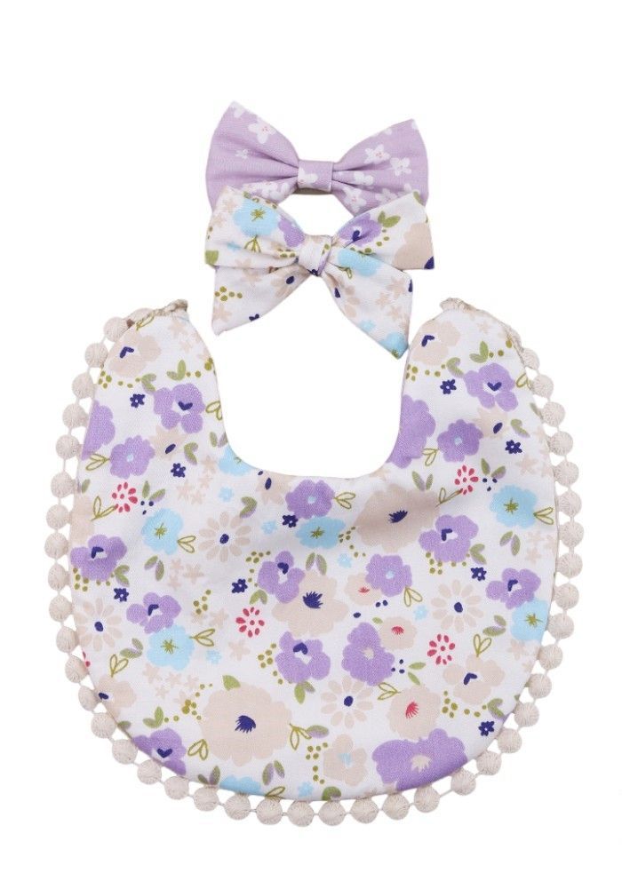 Bambimici - Isabella Ribbon Headband And Reversible Baby Bib For Babies - Floral Lavander