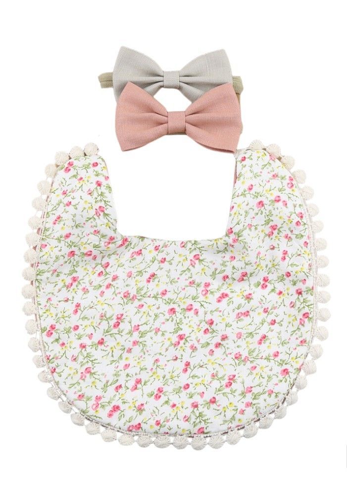 Bambimici - Isabella Ribbon Headband And Reversible Baby Bib For Babies - Floral Grey