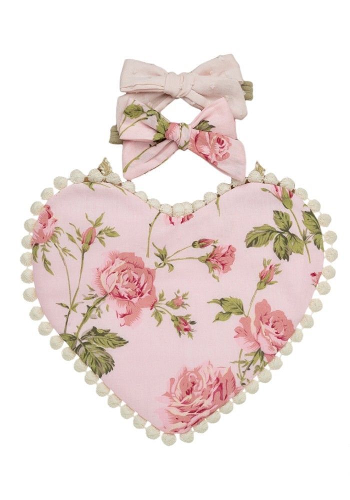 Bambimici - Amara Heart Shaped Baby Bib And Ribbon Bow Headband Set - Floral Pink