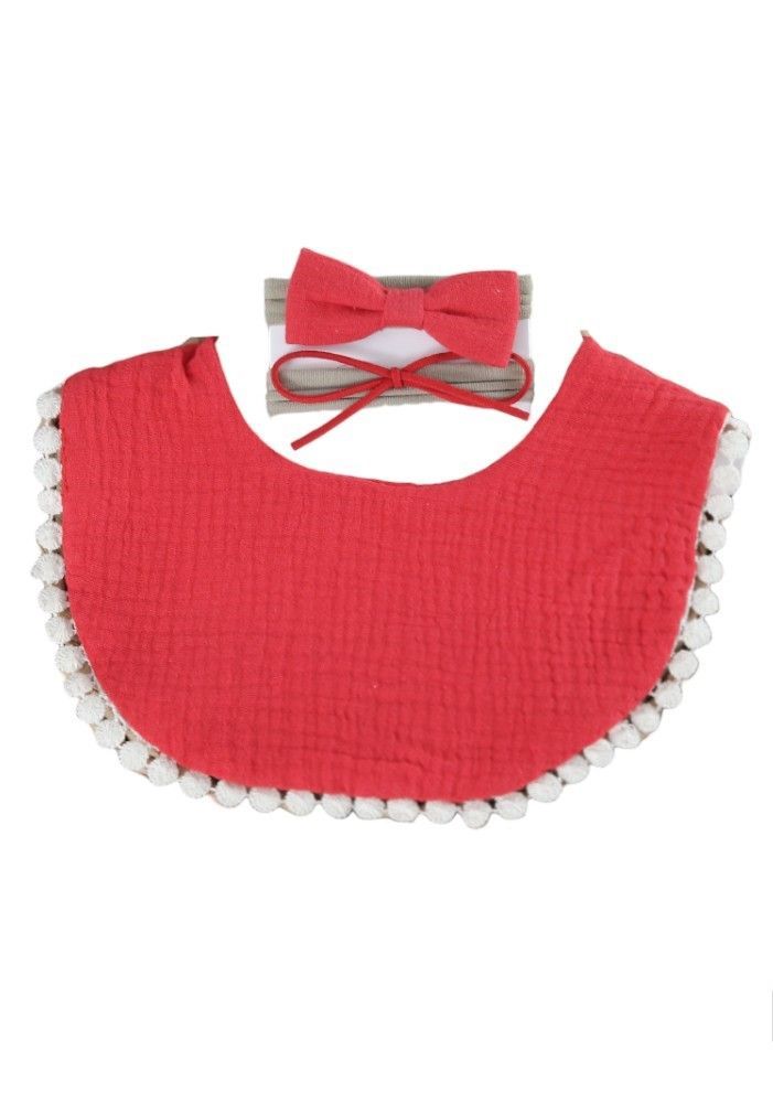 Bambimici - Sophia Set Of Baby Bib And Ribbon Headband - Red