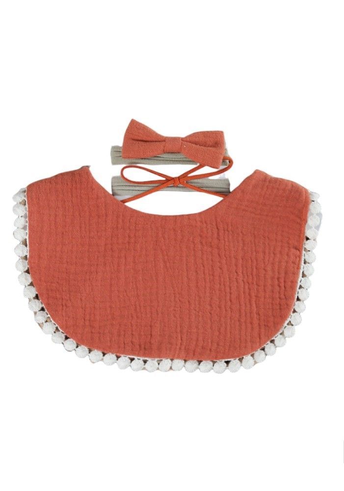 Bambimici - Sophia Set Of Baby Bib And Ribbon Headband - Dark Orange