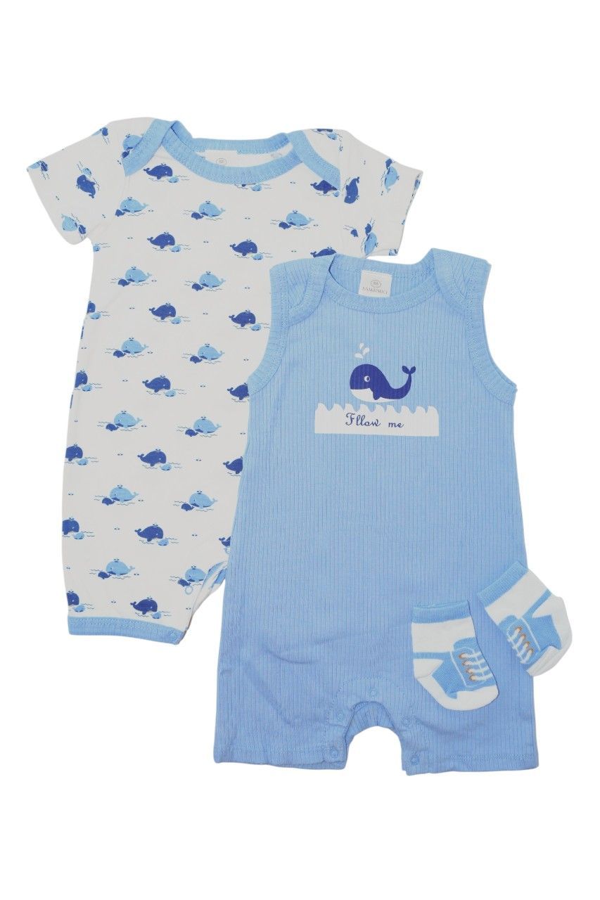 Bambimici - 2pc-Set - Boy's Whale Printed Bodysuit - Light Blue