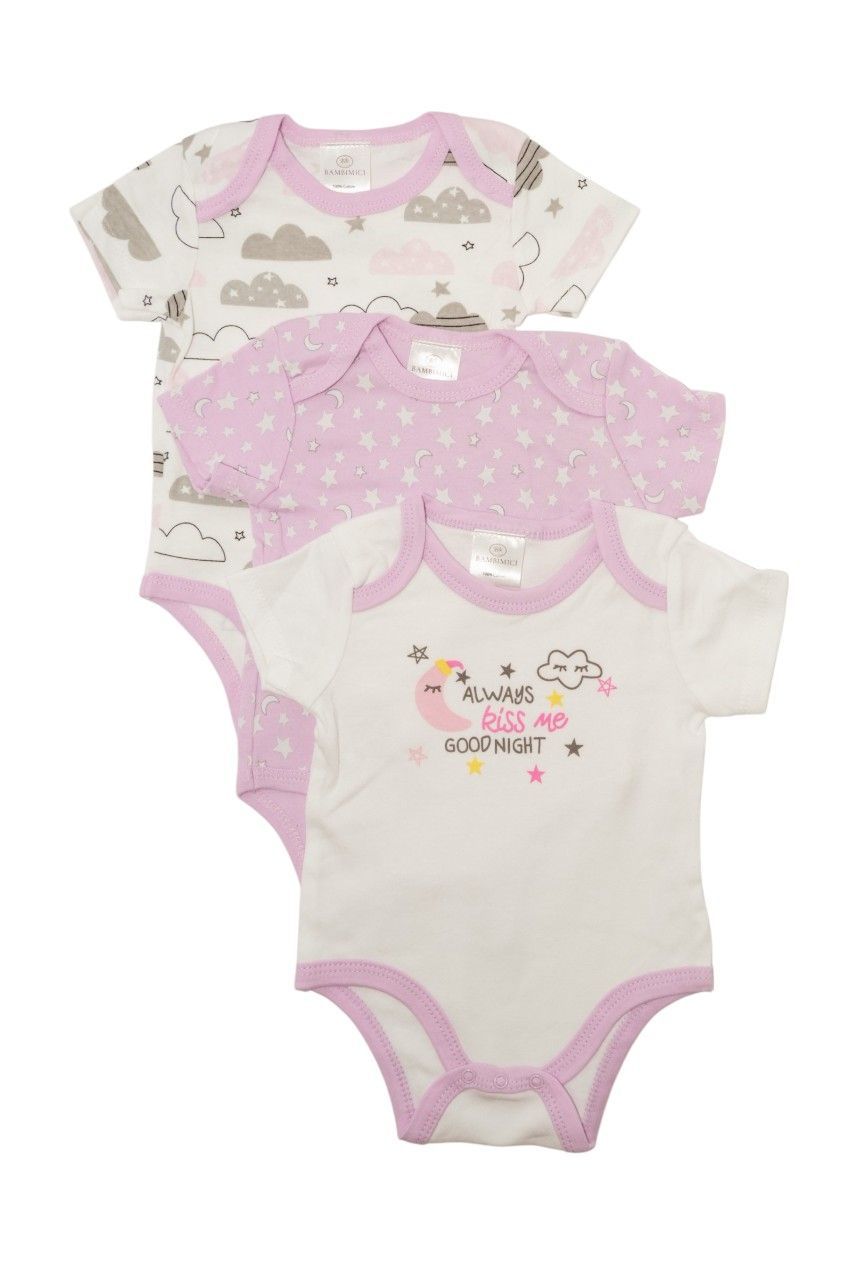 Bambimici - 3pc-Set - Girl's Short Sleeves Printed Bodysuit - Light Pink