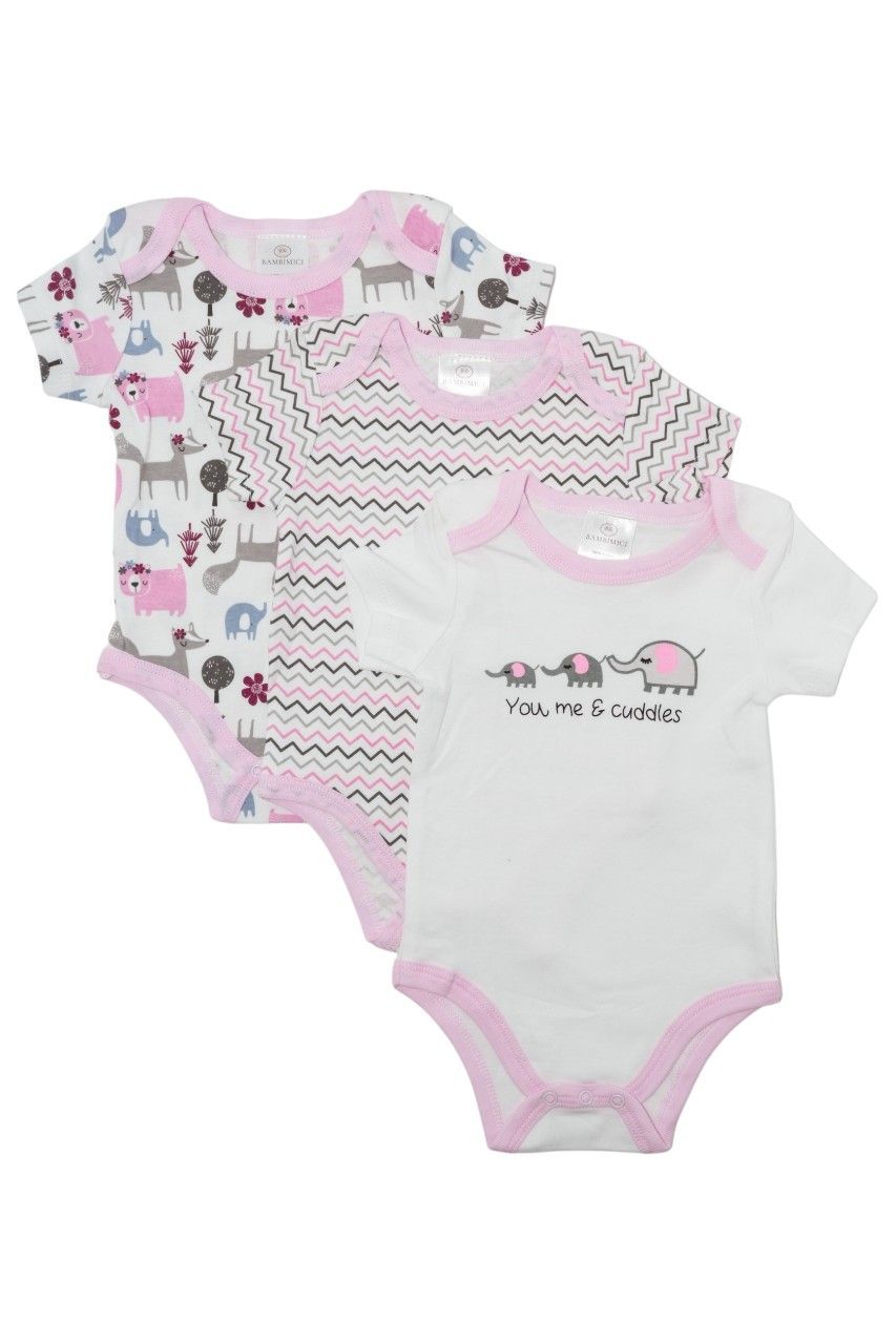 Bambimici - 3pc-Set - Girl's Animal Printed Short Sleeves Bodysuit - Light Pink