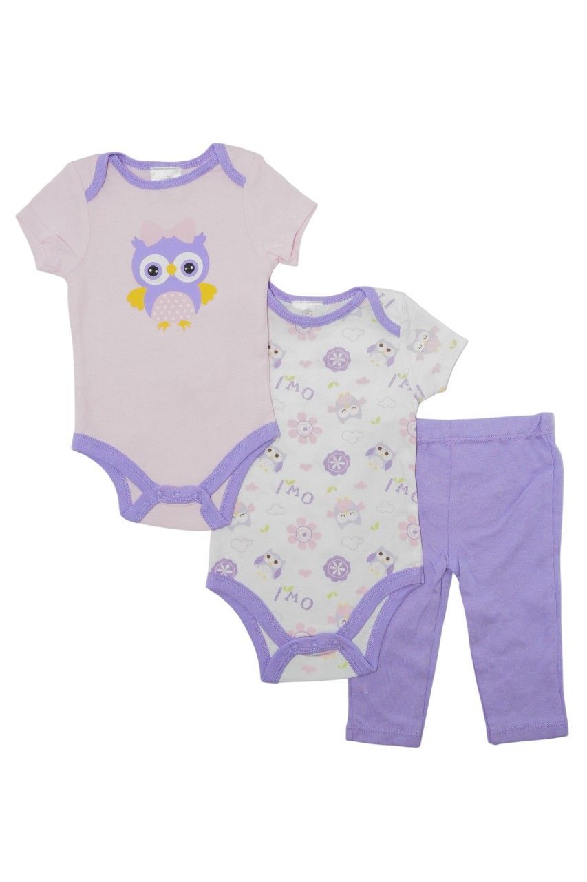 Bambimici - 3pc-Set - Short Sleeve Owl Printed Bodysuit With Pyjama - Purple