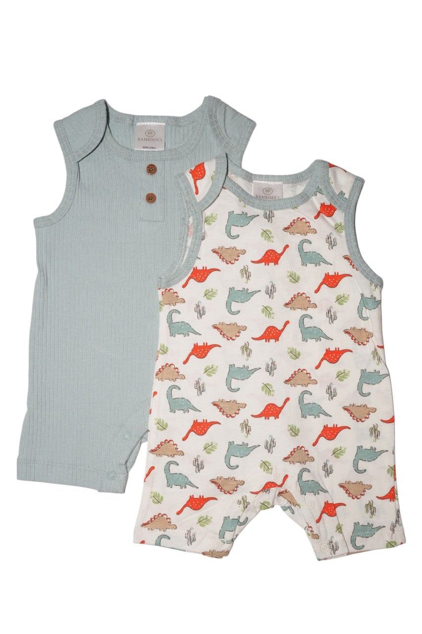 Bambimici - 2pc-Set - Liam Sleeveless Dinosaur Printed Baby Bodysuit - Multicolor