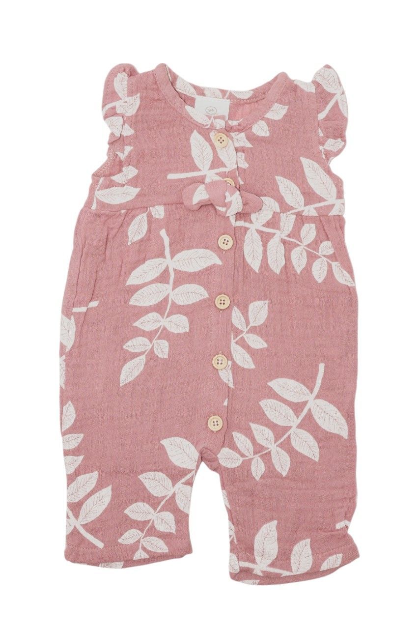 Bambimici - Abigail Short Sleeve Leaves Print Baby Romper - Dark Pink