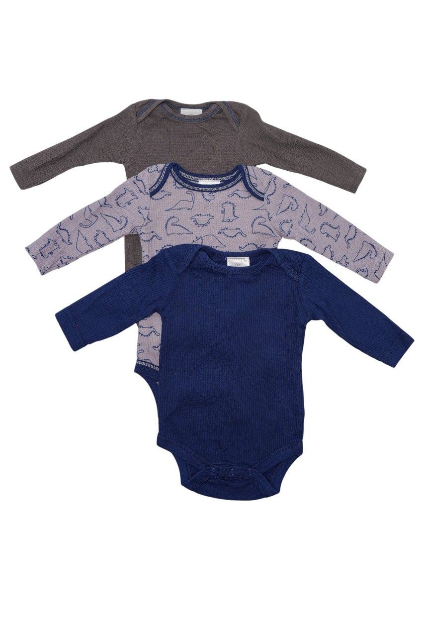 Bambimici - 3pc-Set - Dinosaur Printed Long Sleeve Baby Bodysuit - Multicolor