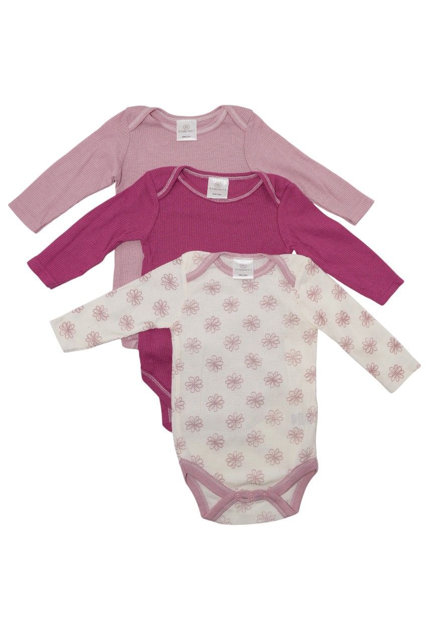 Bambimici - 3pc-Set - Long Sleeve Flower Print Baby Bodysuit - Multicolor