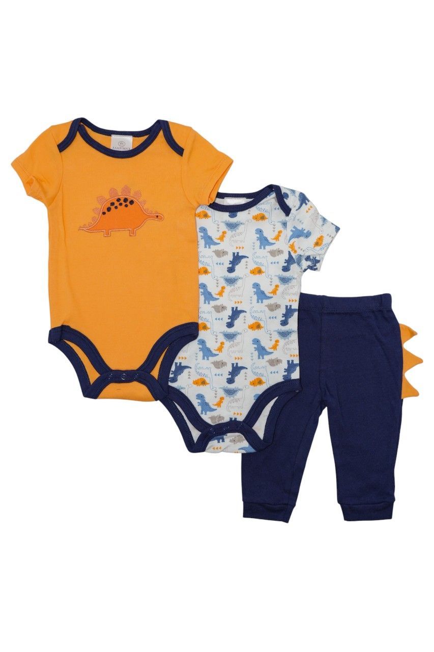 Bambimici - 3pc-Set - Short Sleeve Dinosaur Printed Bodysuit With Pyjama - Multicolor