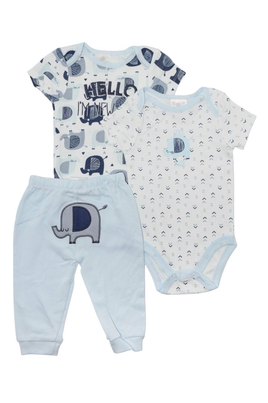 Bambimici - 3pc-Set - Short Sleeve Elephant Printed Bodysuit With Pyjama - Light Blue